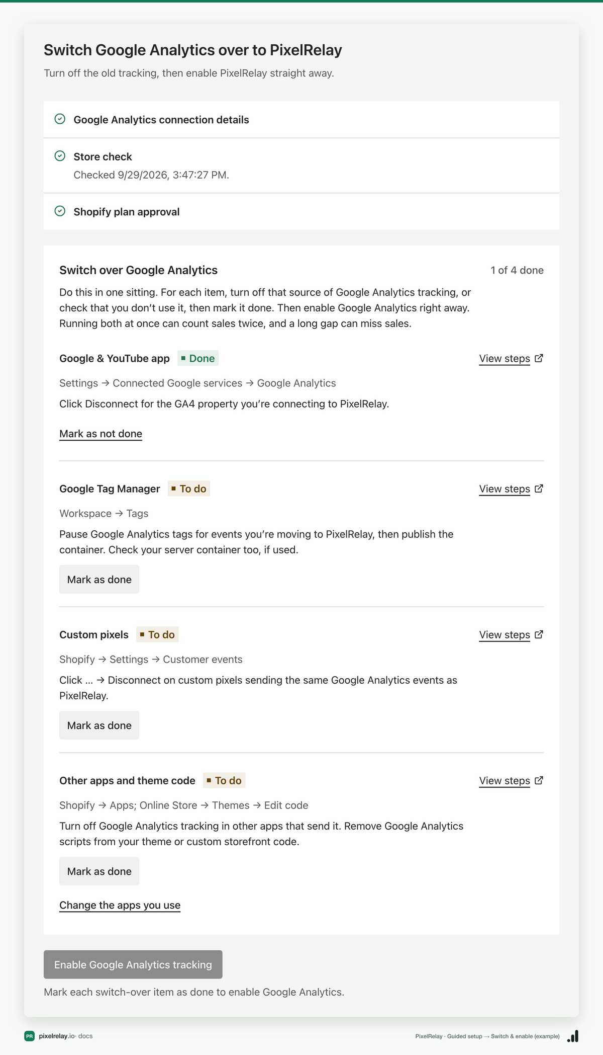 PixelRelay Guided setup, Switch over Google Analytics checklist with Mark as done buttons (example)