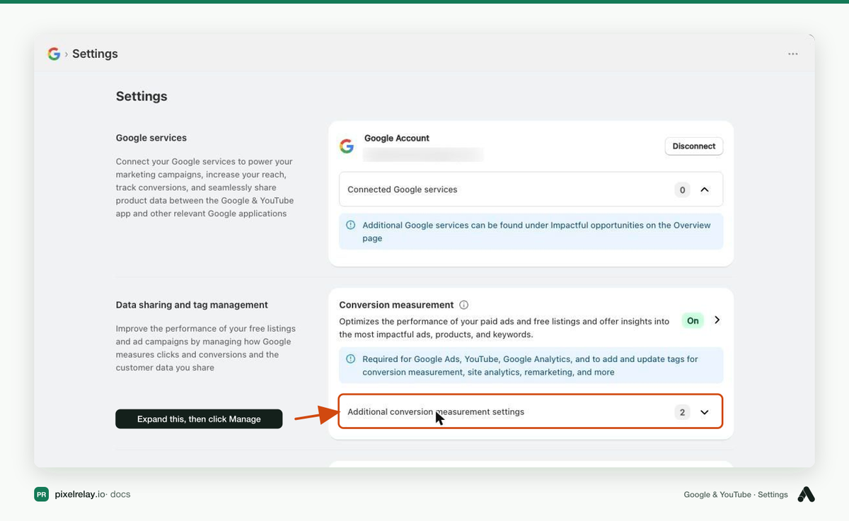Google & YouTube Settings, with Additional conversion measurement settings highlighted