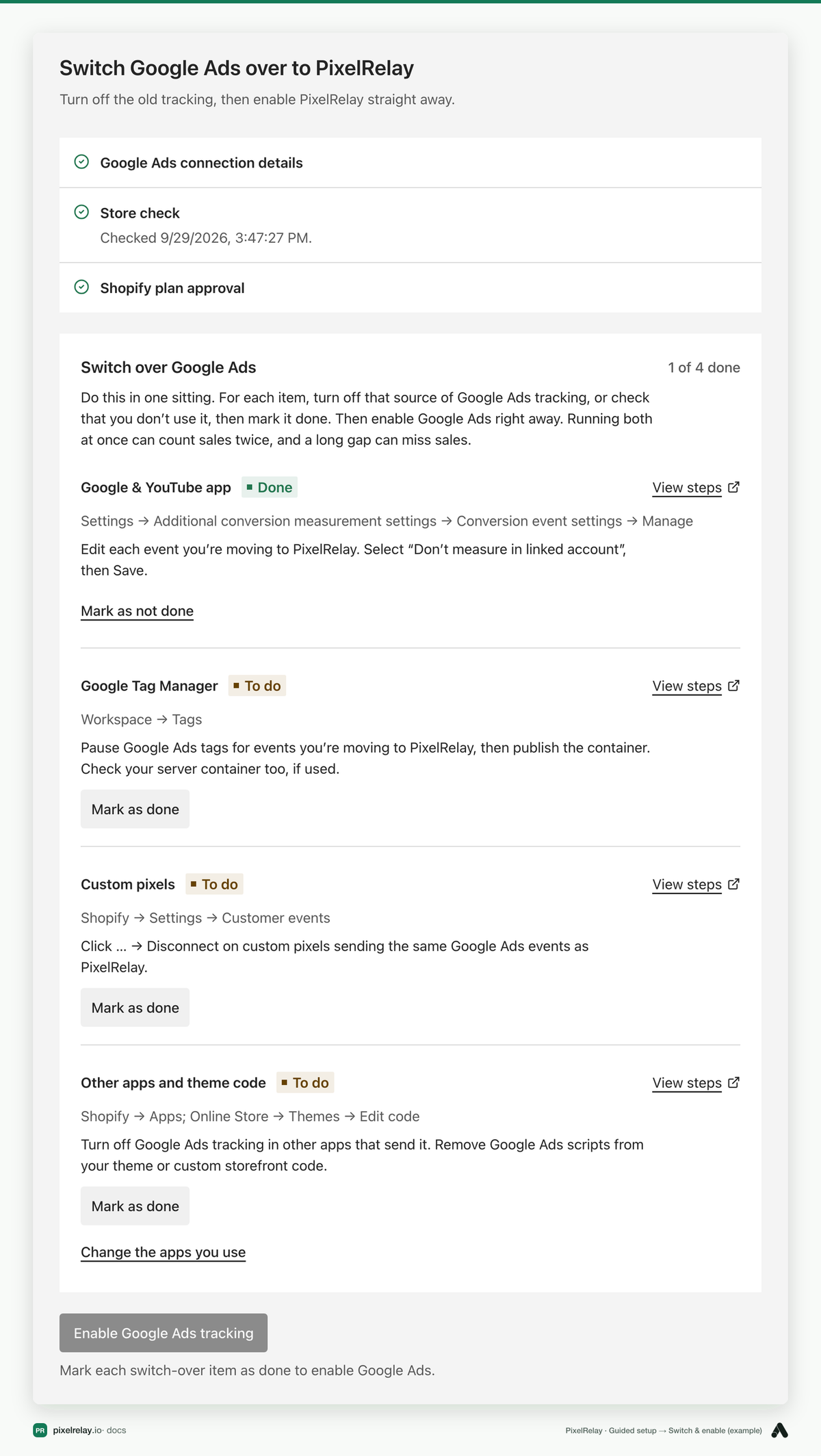 PixelRelay Guided setup, Switch over Google Ads checklist with Mark as done buttons (example)