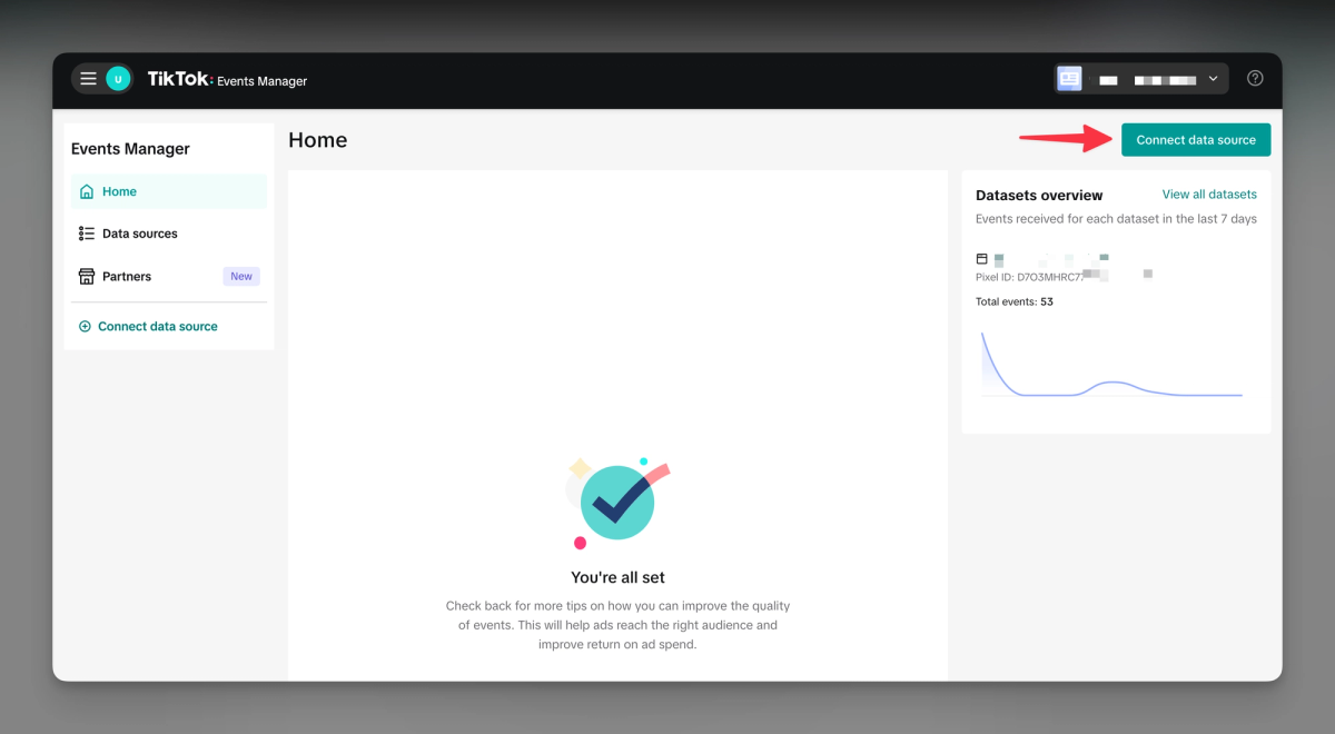 TikTok Events Manager with the Connect data source button highlighted