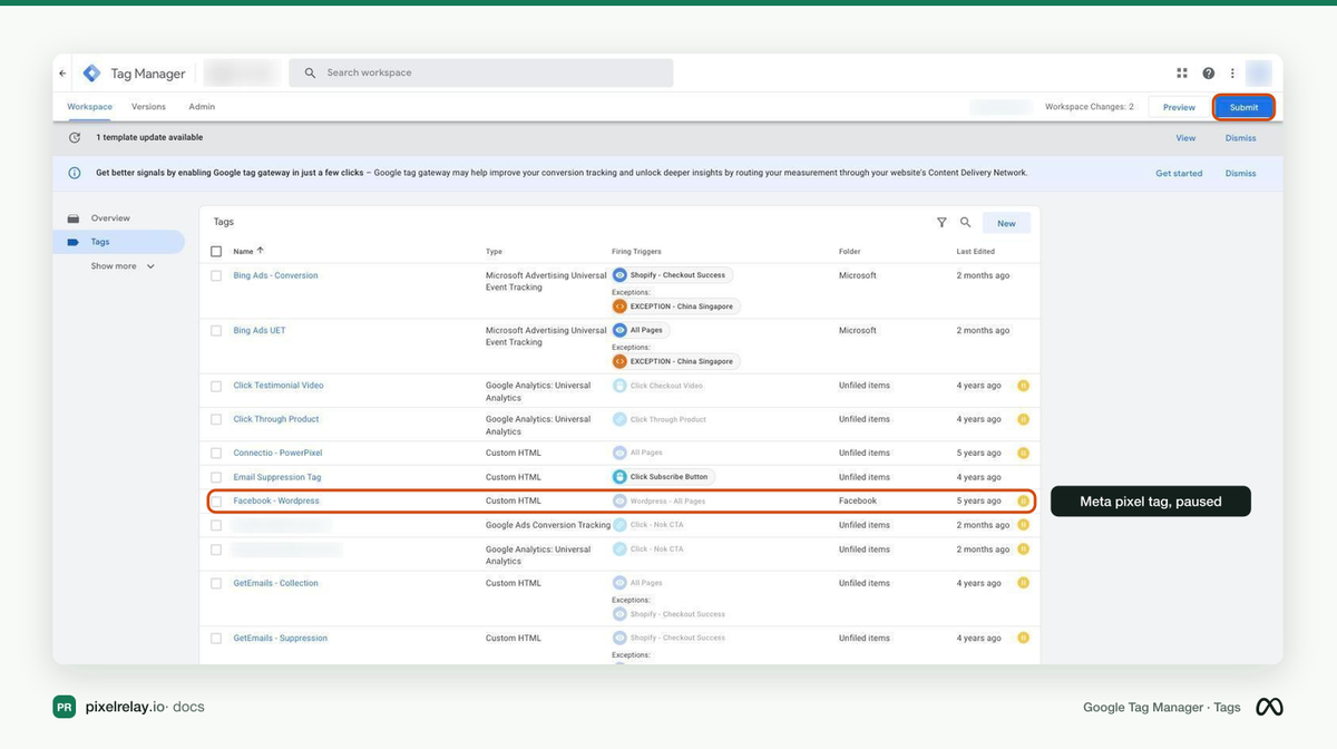 Google Tag Manager Tags list with a paused Meta pixel Custom HTML tag highlighted