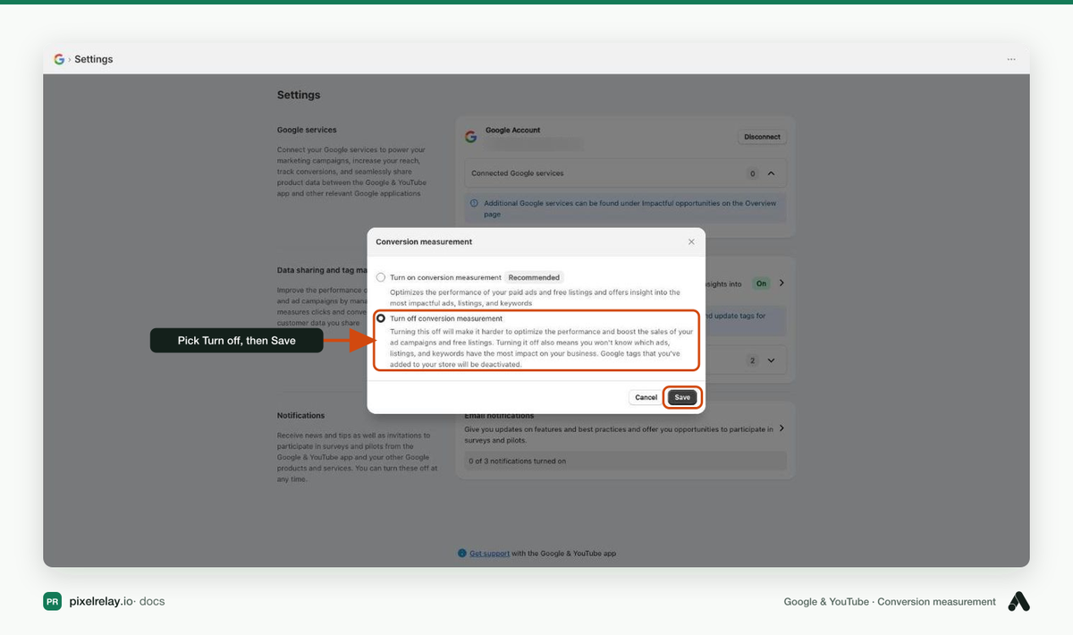 Conversion measurement window with Turn off conversion measurement selected and Save highlighted