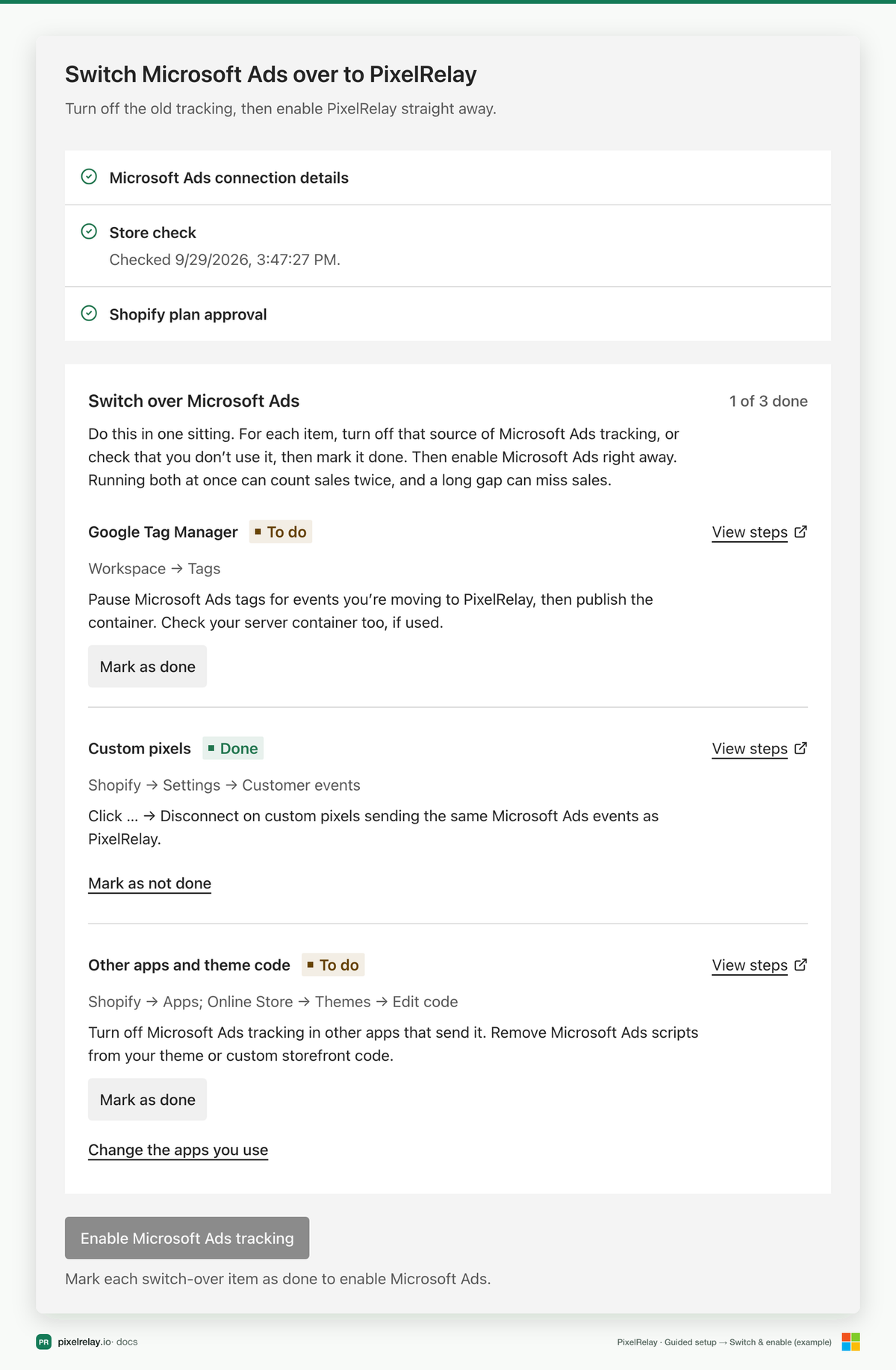 PixelRelay Guided setup, Switch over Microsoft Ads checklist with Mark as done buttons (example)