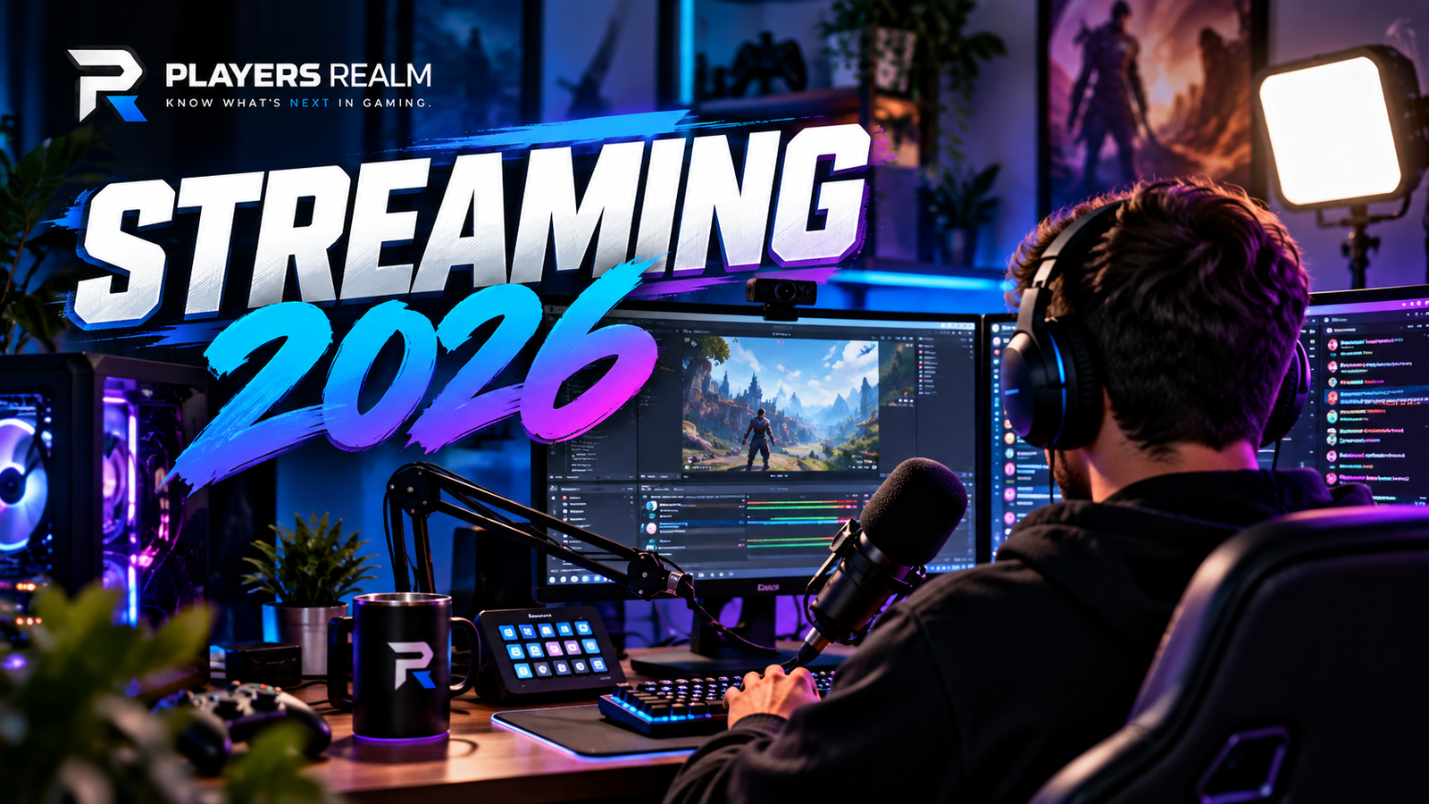 Gaming setup for starting game streaming in 2026 with PC, microphone and lighting
