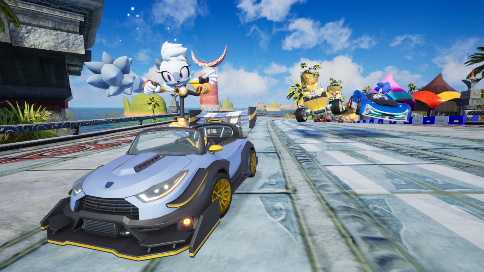 Captura de tela oficial de Sonic Racing: CrossWorlds com pilotos na pista