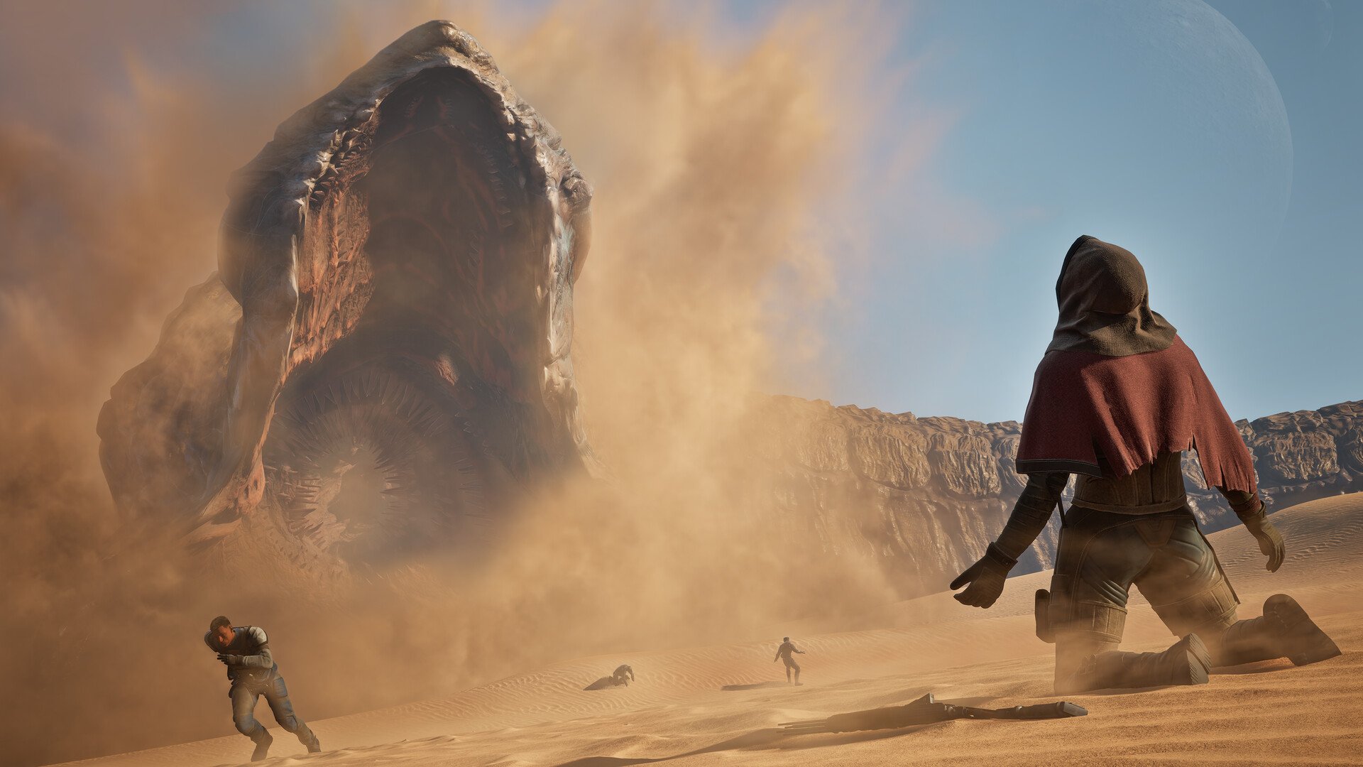 Hooded character facing a sandworm in Dune: Awakening