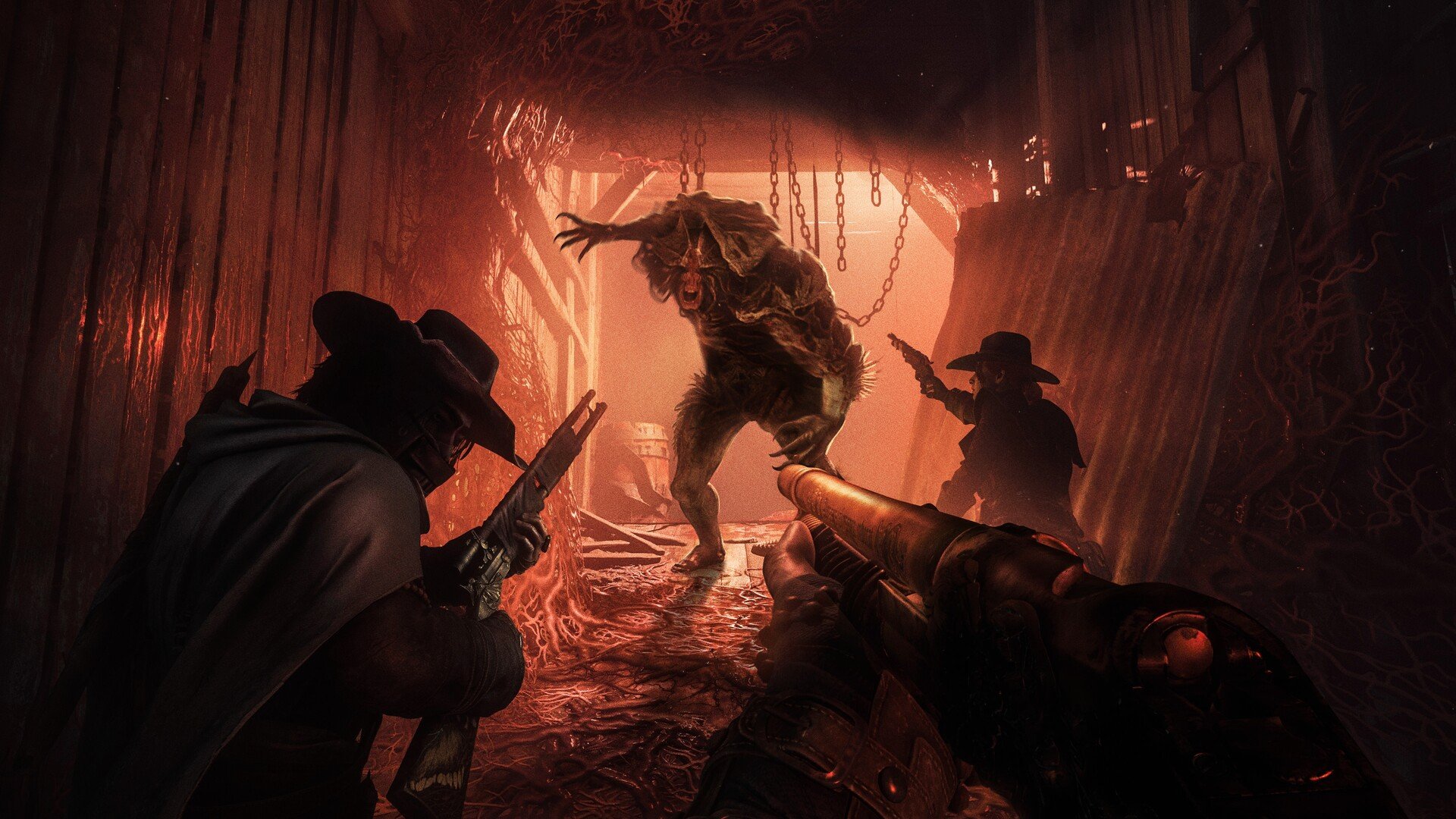 Hunter in a red-lit tunnel in Hunt: Showdown 1896