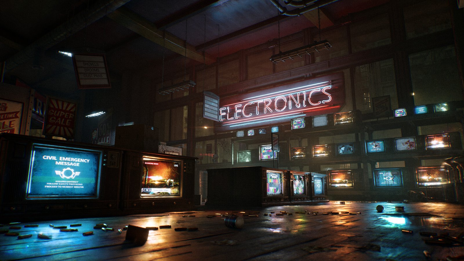 Cenário de uma loja de eletrônicos com letreiro de neon em Gears of War: E-Day