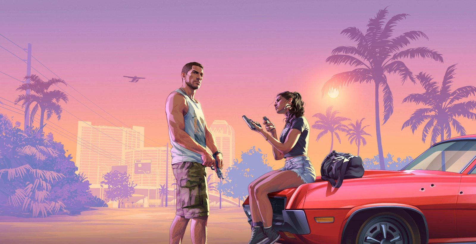Arte oficial do trailer de lançamento de GTA 6 com Jason e Lucia em Grand Theft Auto VI