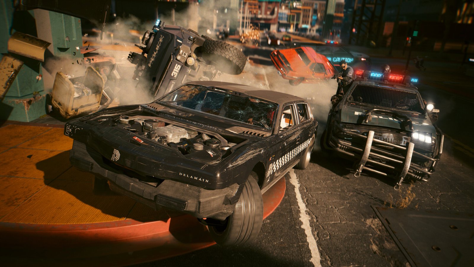Imagem oficial de uma rua de Night City em Cyberpunk 2077