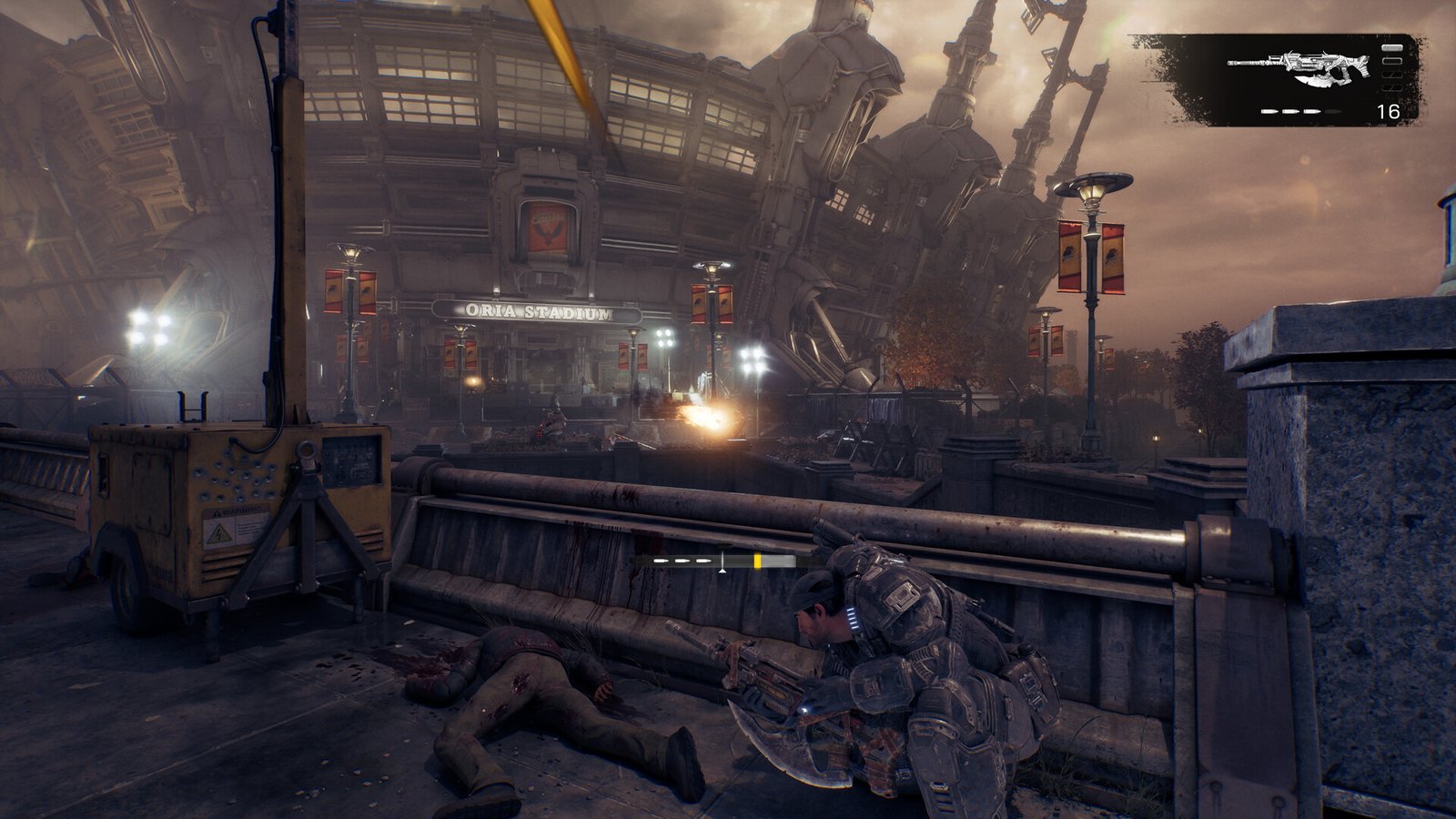 Esquadrão em ação em uma cidade destruída de Gears of War: E-Day