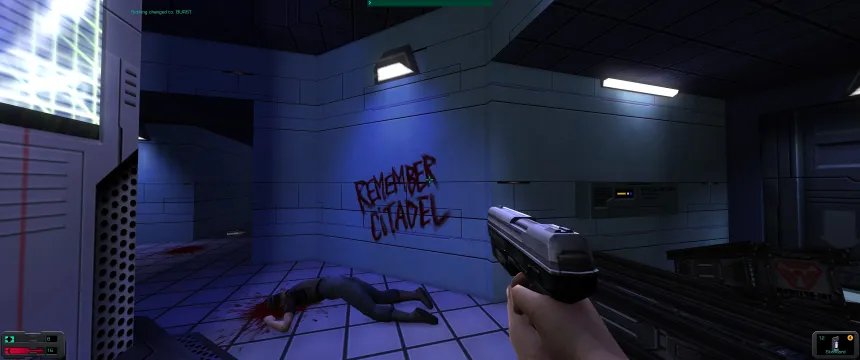 A corridor aboard the Von Braun in System Shock 2: 25th Anniversary Remaster