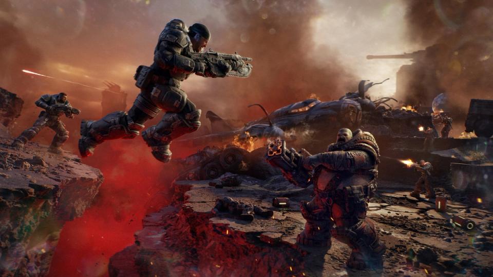Bravo Squad em combate na cidade de Kalona em Gears of War: E-Day