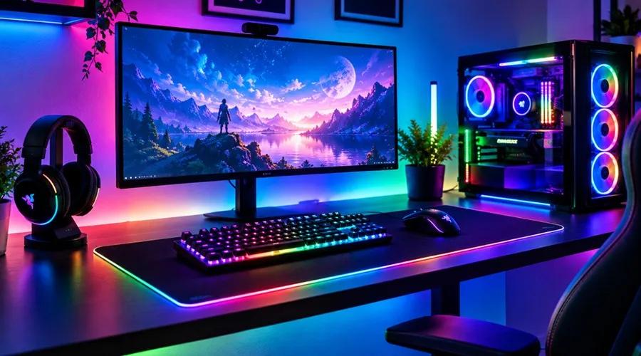 Basic beginner streaming setup with computer, monitor, headset and microphone