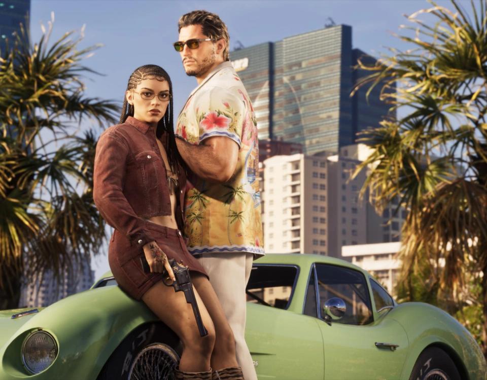 Jason and Lucia with characters from GTA 6