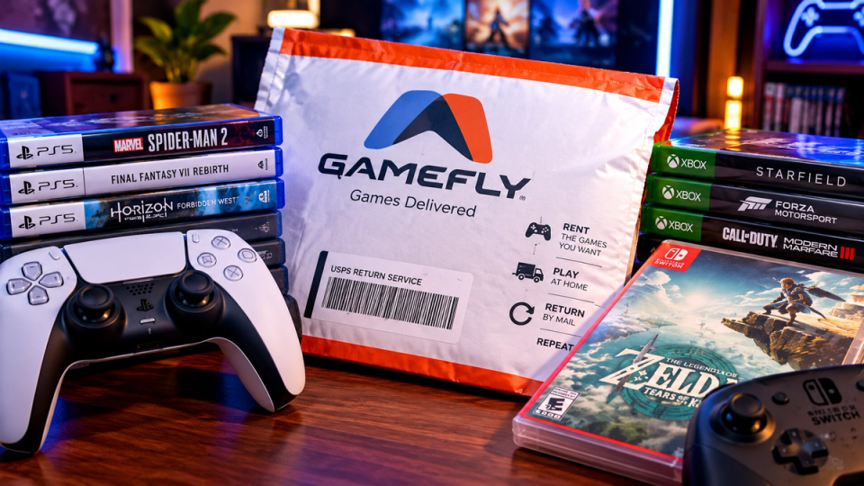 Controles de videogame e jogos físicos representando o serviço de aluguel GameFly em 2026