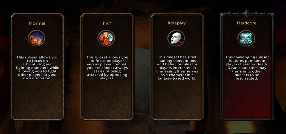 Official WoW Forever selection screen showing the four rulesets: Normal, PvP, Roleplay and Hardcore