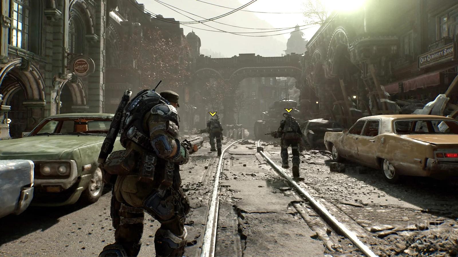 Esquadrões defendendo a cidade no modo Horde Siege de Gears of War: E-Day