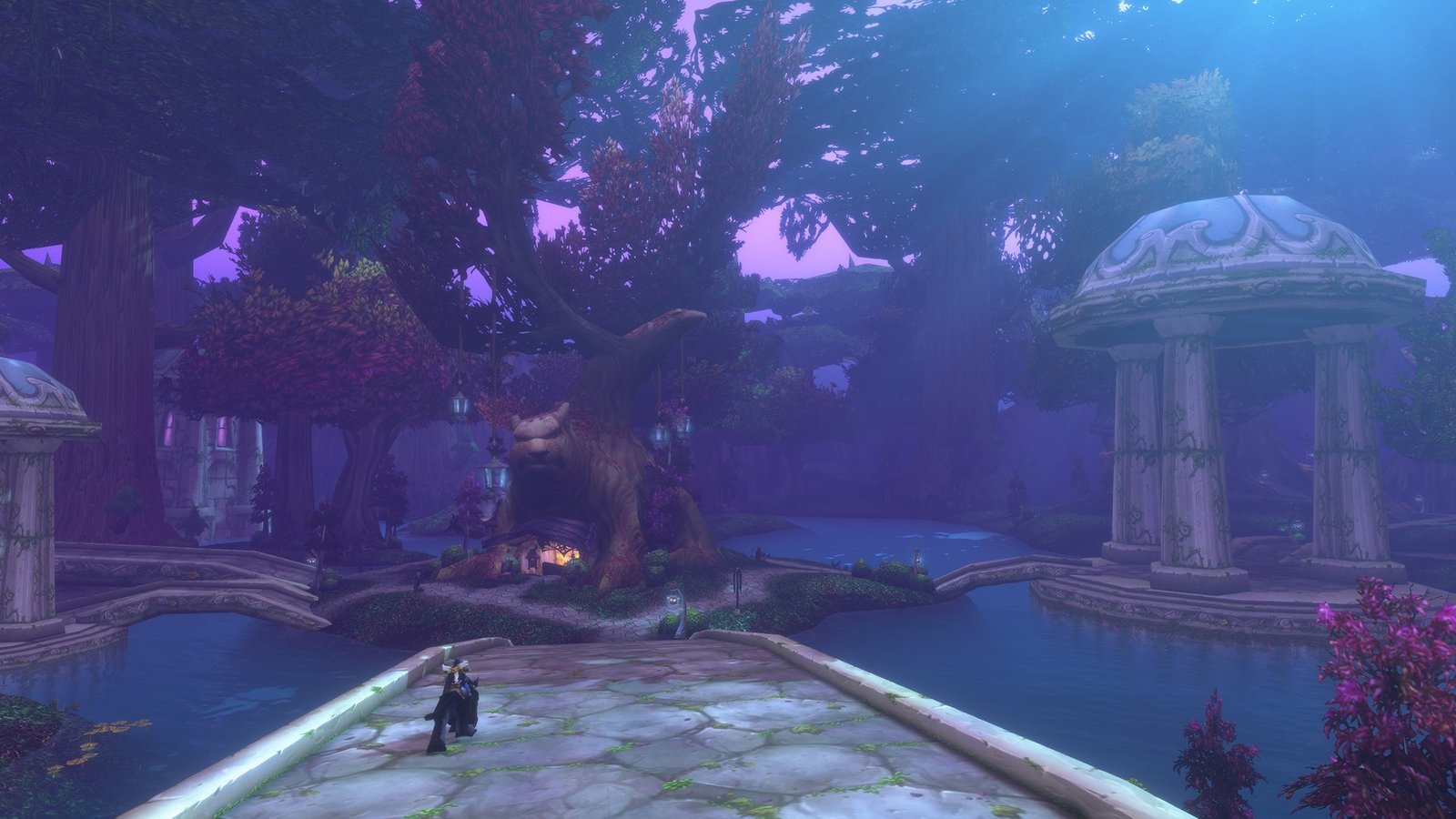 Official World of Warcraft: Forever scene with elven ruins and purple trees