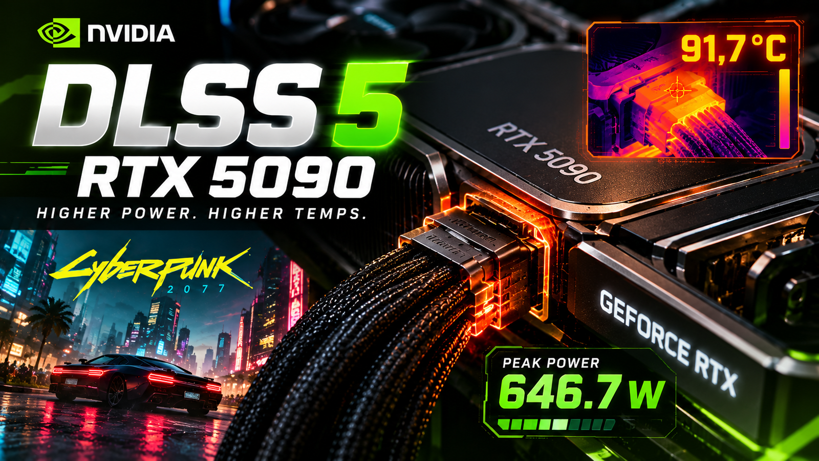 GeForce RTX 5090 em destaque durante carga gráfica intensa com DLSS 5.