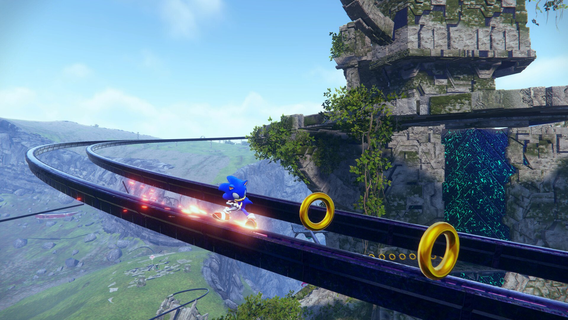 Sonic grinding on rails with rings in Sonic Frontiers