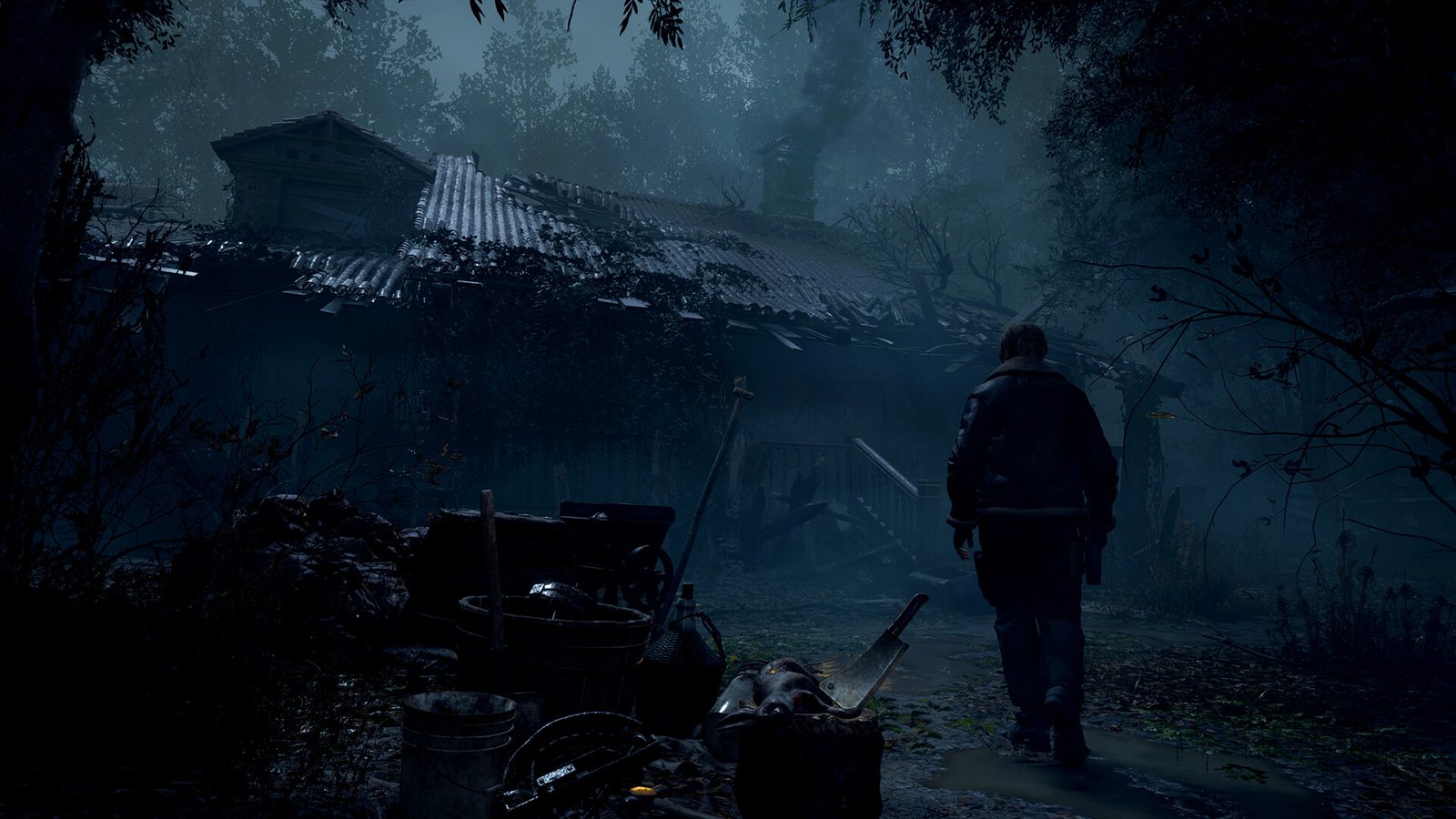 Official Resident Evil 4 screenshot of Leon fighting infected villagers
