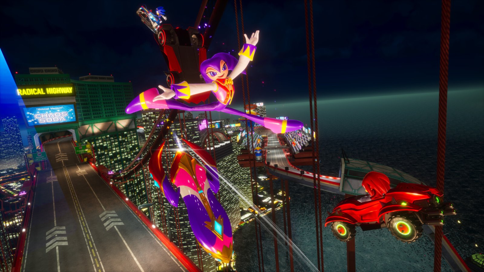 Captura de tela oficial de Sonic Racing: CrossWorlds com corrida passando por um Travel Ring