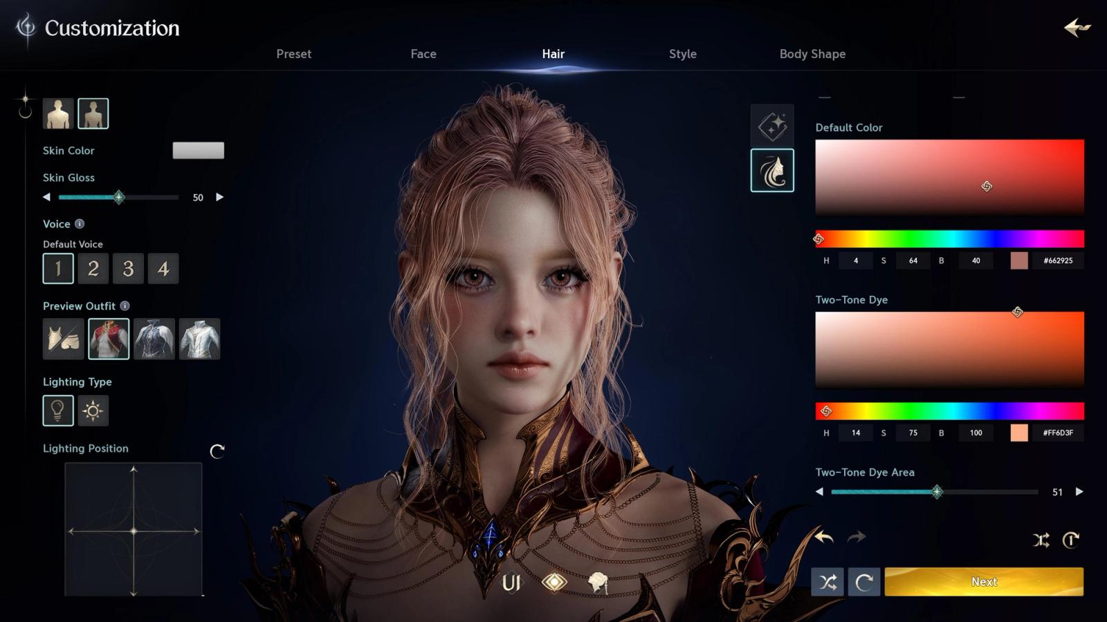 Tela de criação e personalização de personagem de AION 2