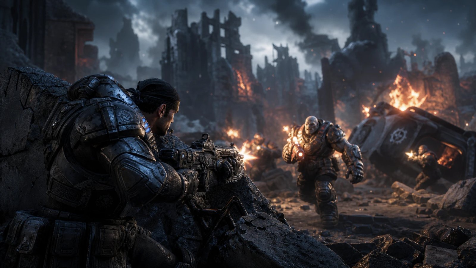 Cover-based combat against the Locust in Gears of War: E-Day