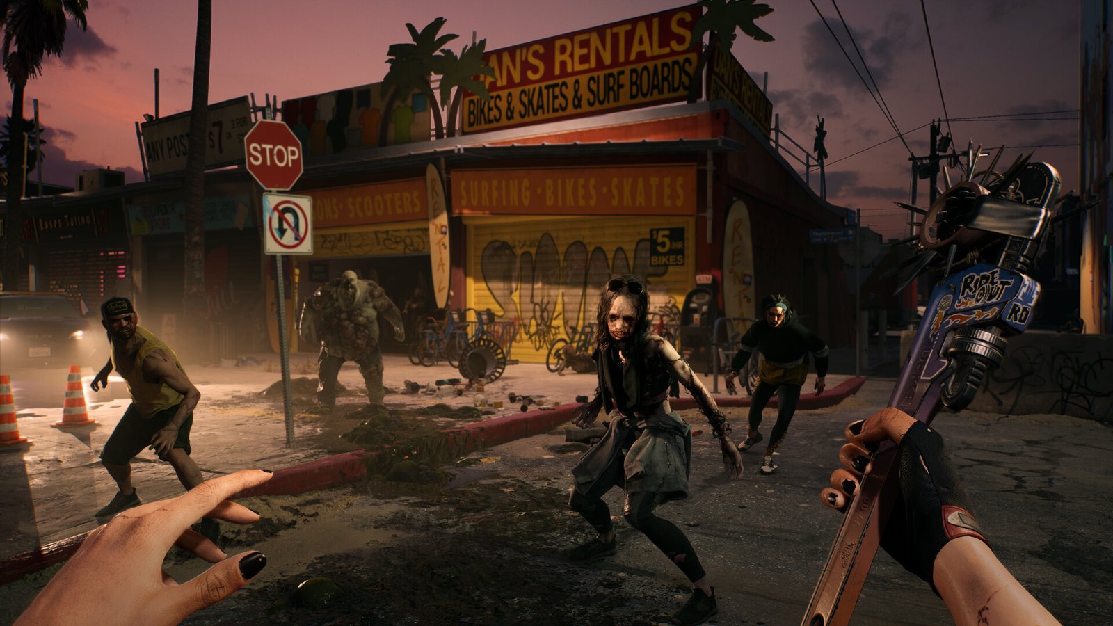 Imagem oficial de Dead Island 2 com uma arma modificada em ação