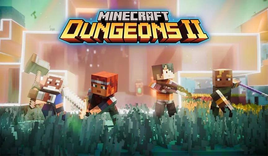 Quatro jogadores usando diferentes equipamentos em Minecraft Dungeons II