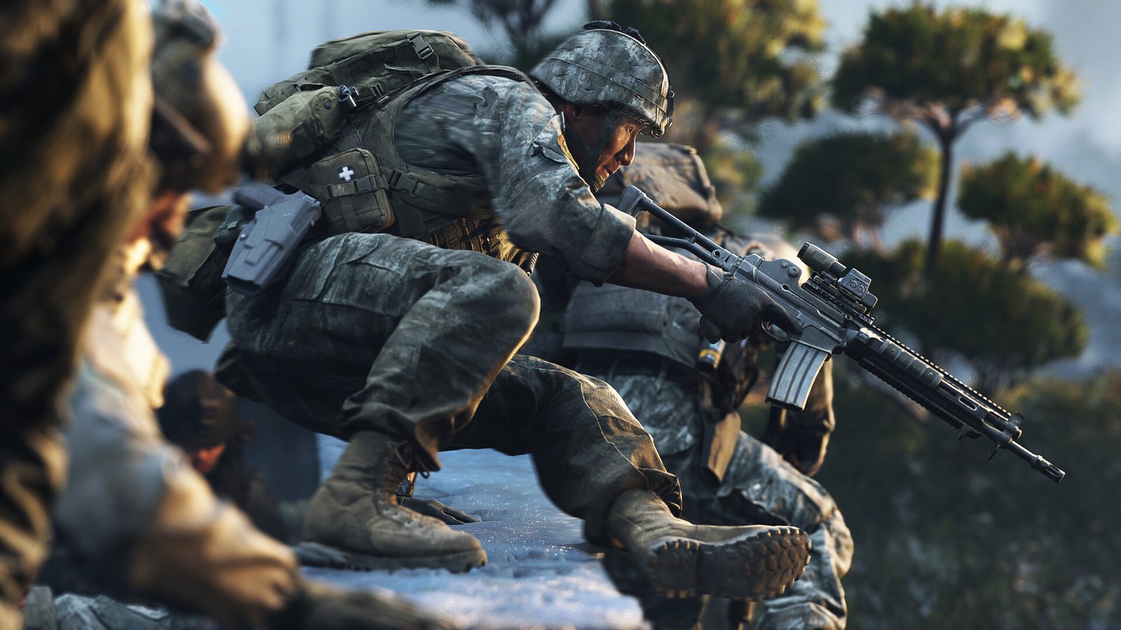 Soldados agachados em um cenário coberto de neve em Modern Warfare 4