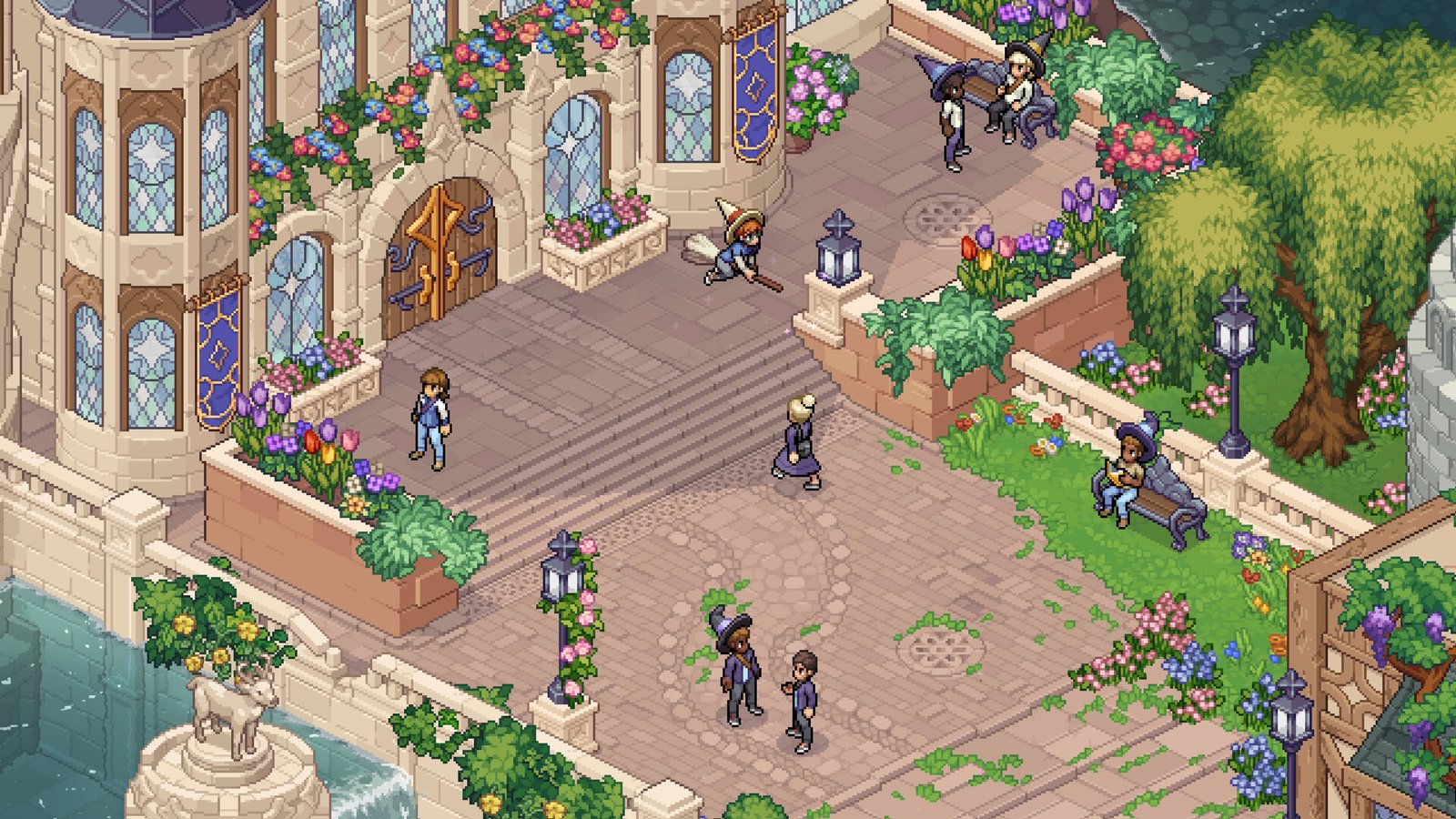 Imagem oficial de Witchbrook mostrando a cidade litorânea de Mossport