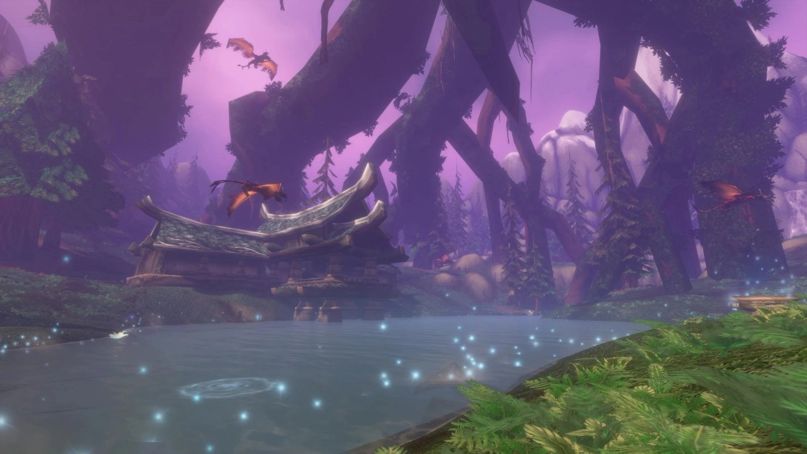 The purple trees of Mount Hyjal, the level 60 zone of WoW Forever
