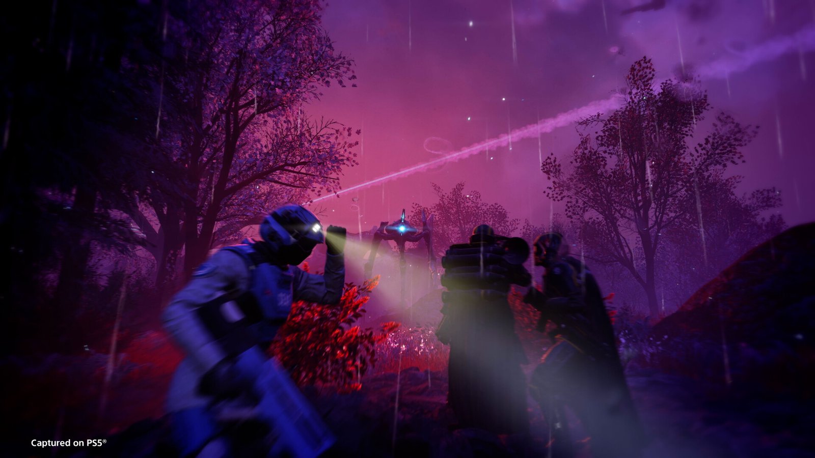 Official Helldivers 2 screenshot of Helldivers fighting on an alien planet