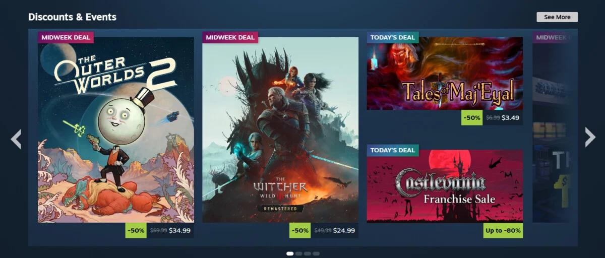 Imagem da Valve mostrando a seção Descontos e Eventos com selos de Oferta de Meio de Semana e Oferta do Dia