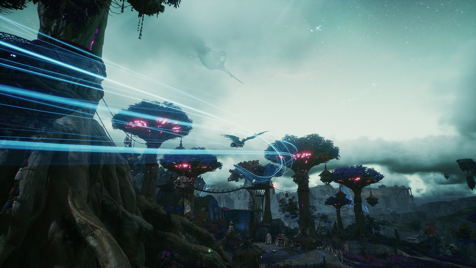 A character flying through streaks of light above a forest of giant trees in AION 2
