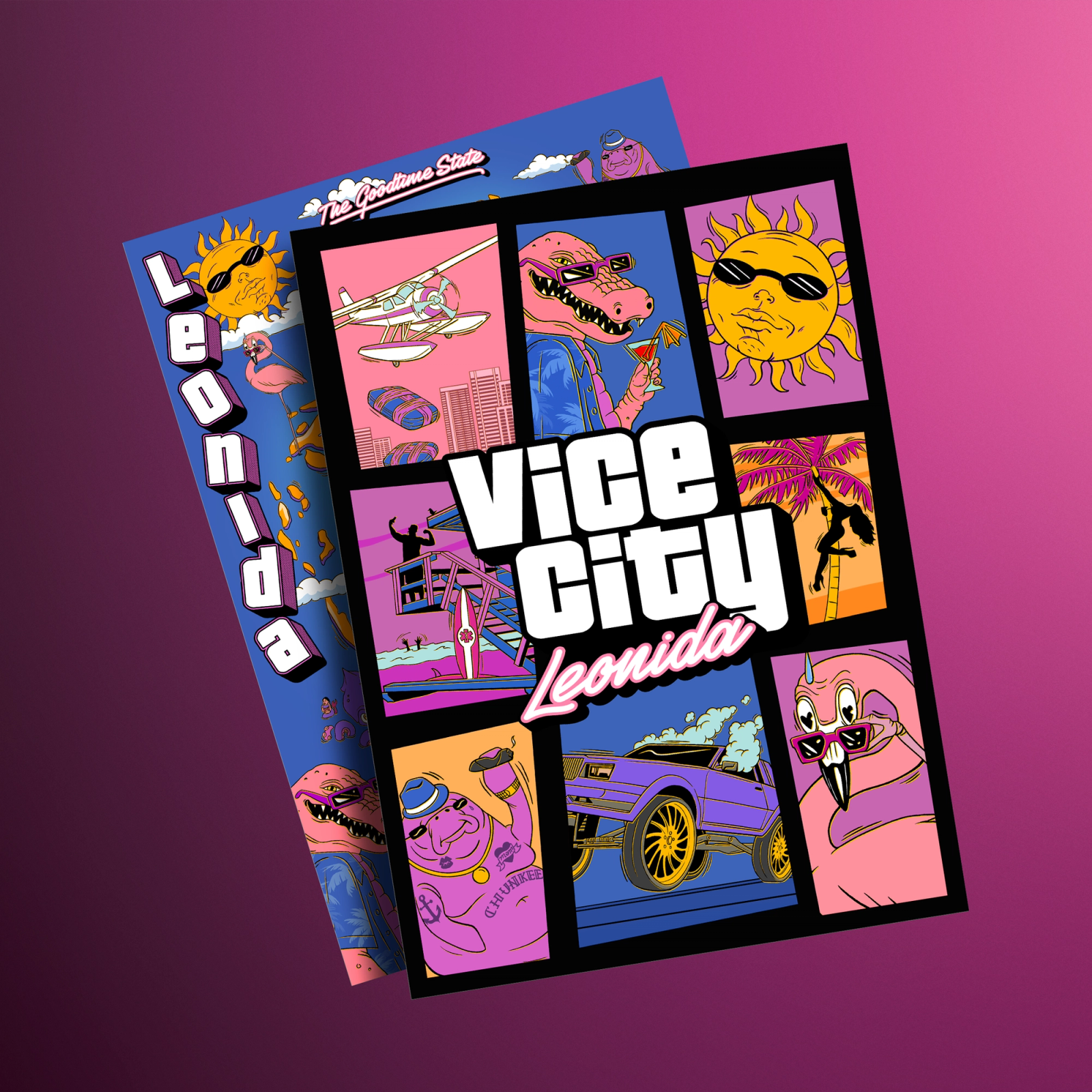 Double-sided Goodtime State – Vice City Collection poster featuring a map of Leonida.