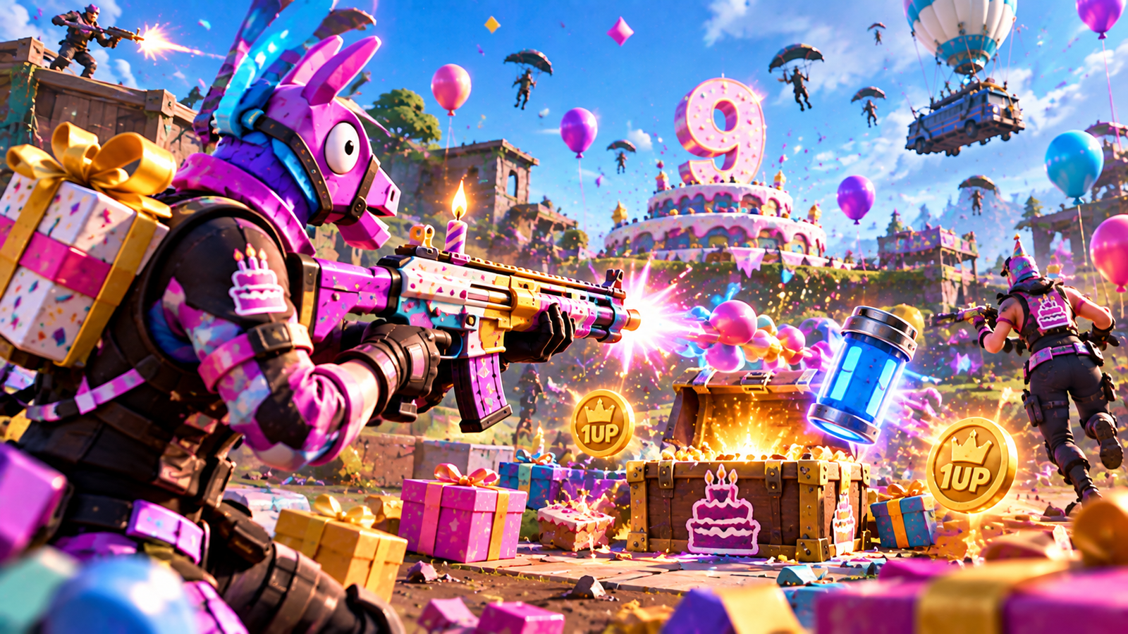 Presents and the Exotic Balloon Popper Assault Rifle during Fortnite's birthday celebration