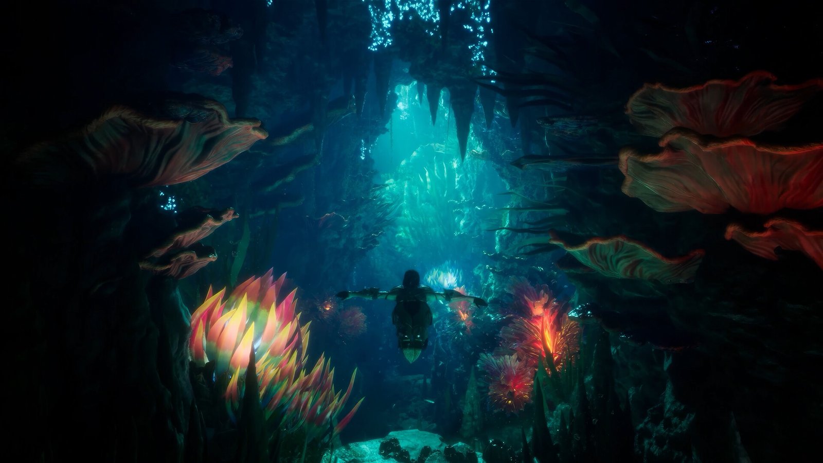 Personagem nadando em uma caverna submersa iluminada por plantas coloridas em AION 2