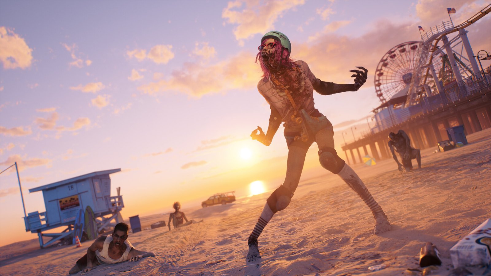 Imagem oficial de Dead Island 2 com um Slayer enfrentando zumbis em Los Angeles