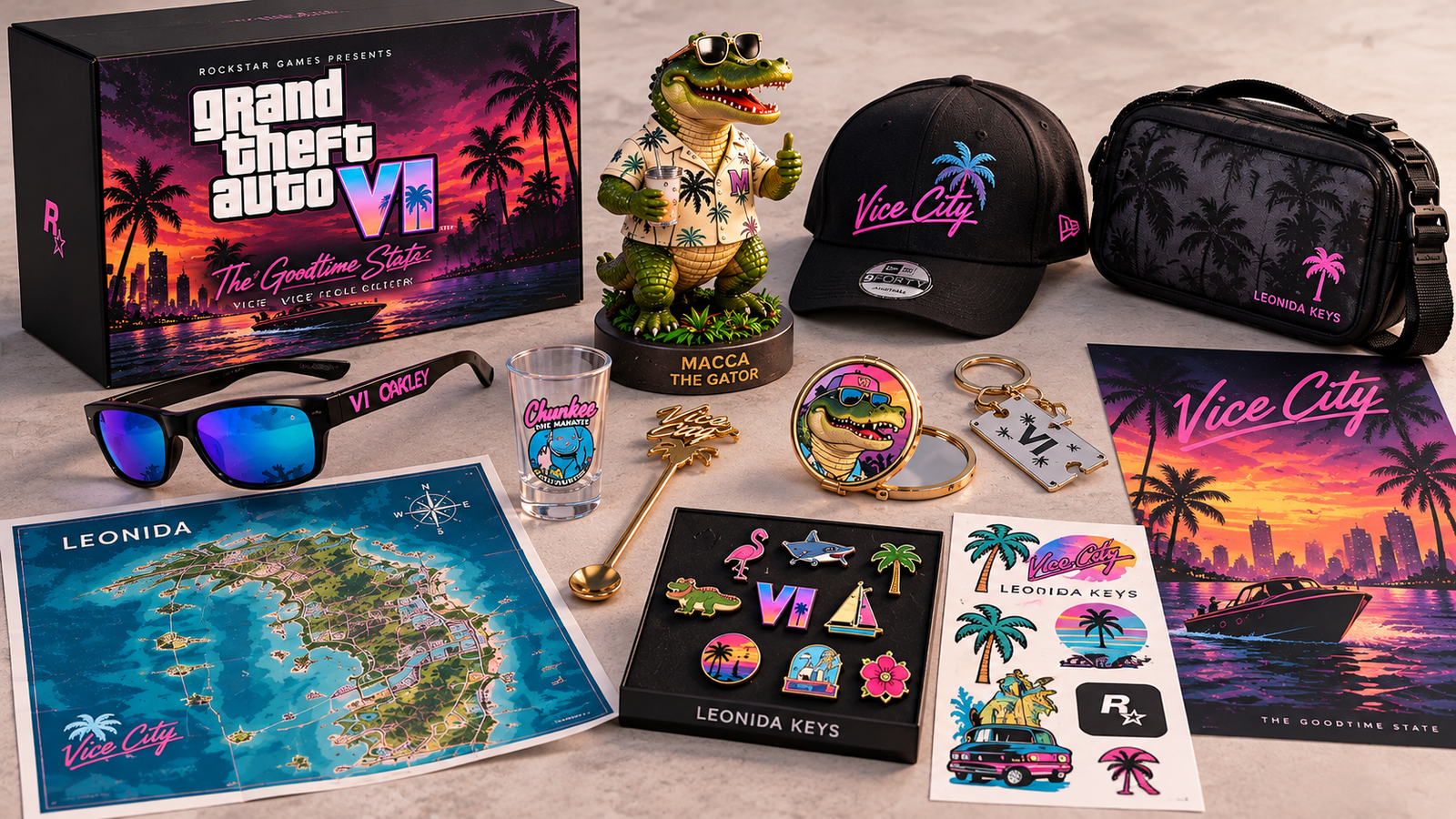 Items included in the Grand Theft Auto VI Goodtime State – Vice City Collection.