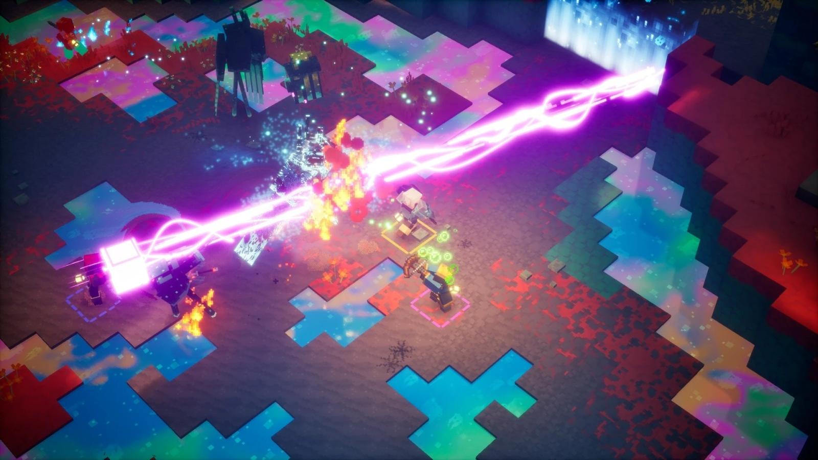 Herói de Minecraft Dungeons II lutando em uma área do novo mundo interconectado