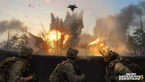 Combate em grande escala na campanha de Call of Duty: Modern Warfare 4.