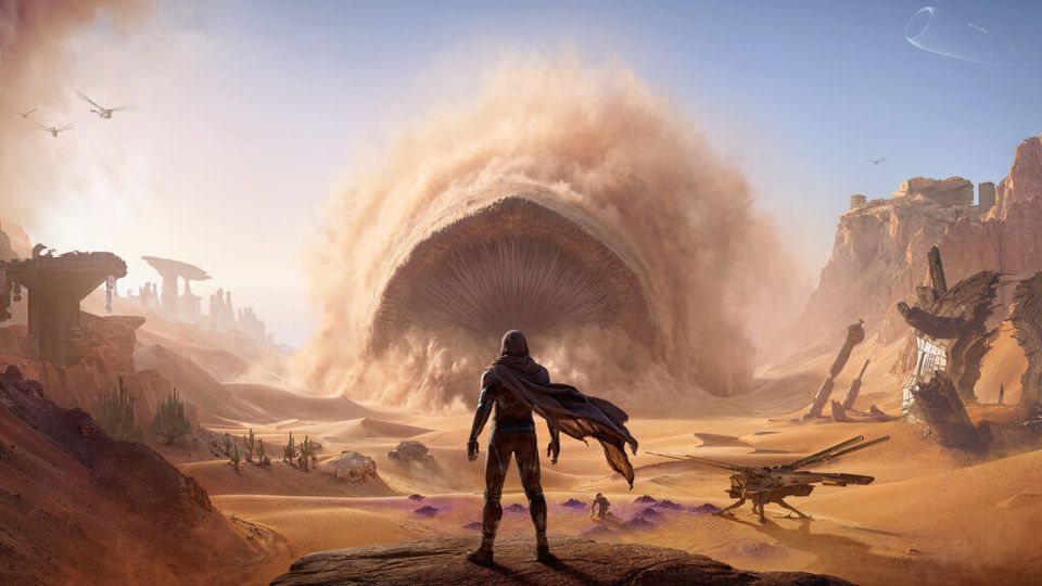 Character crossing the dunes of Arrakis in Dune Awakening