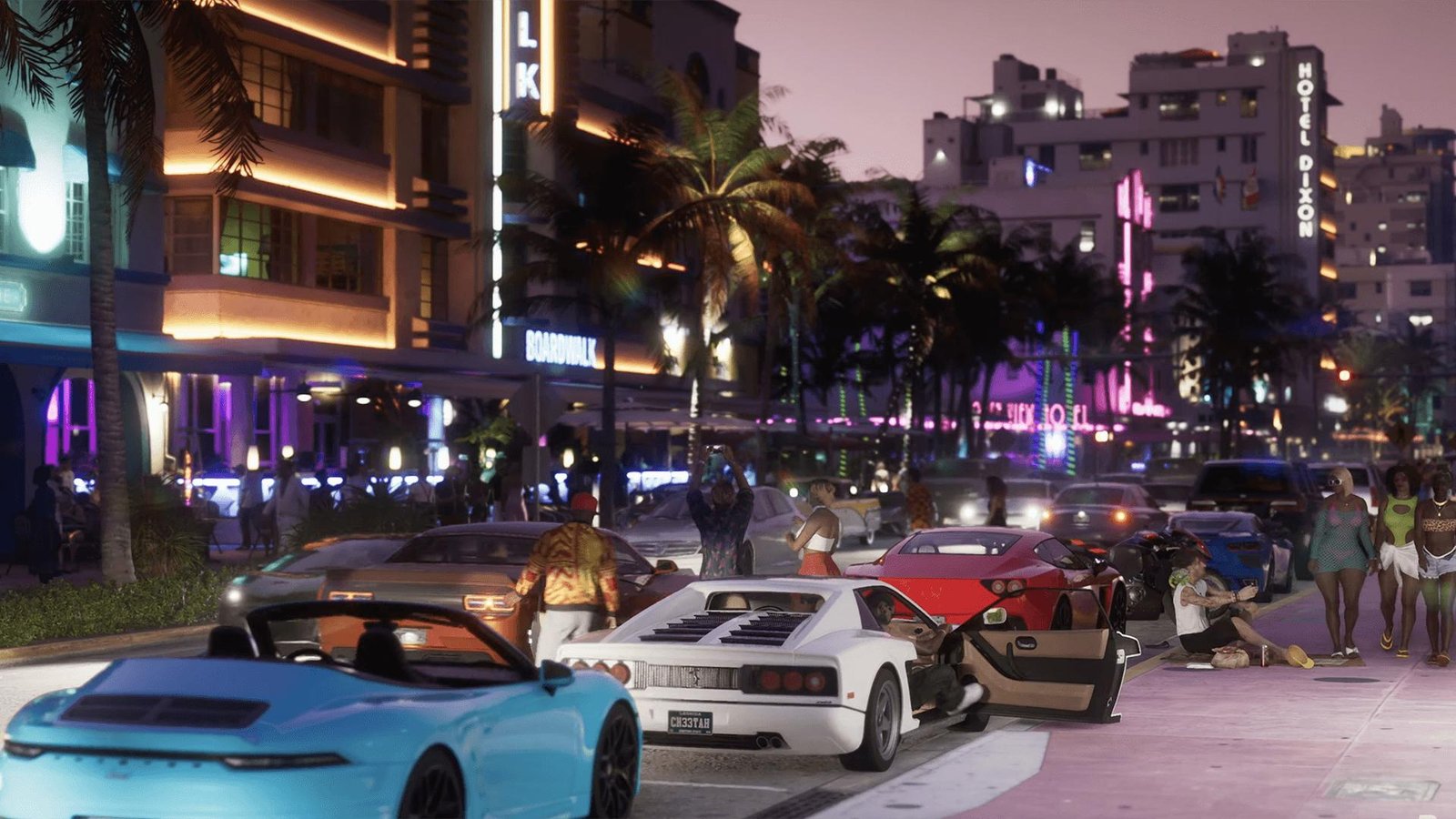Rua de Vice City � noite com carros e luzes de neon em GTA VI