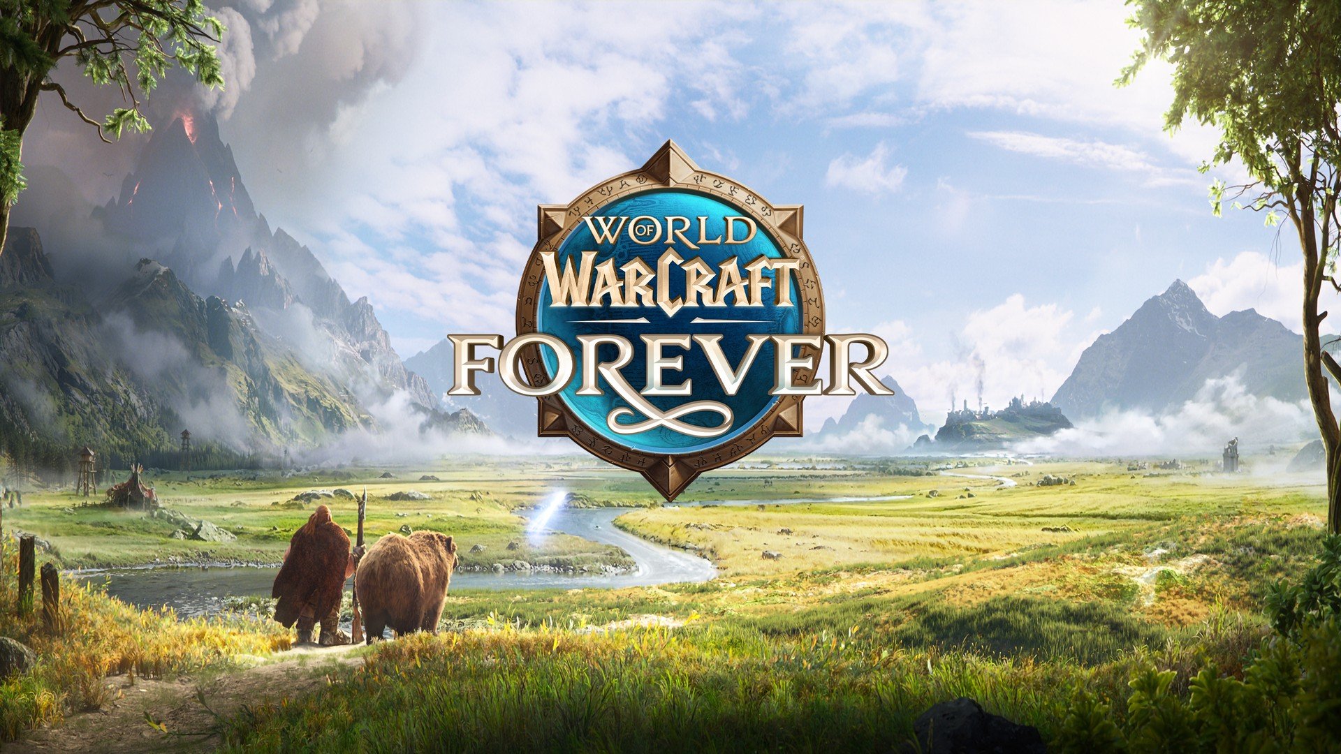Arte oficial de World of Warcraft: Forever com viajantes em uma planície ao lado do logotipo