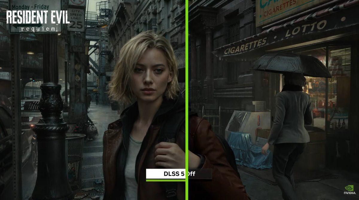 Comparação gráfica mostrando NVIDIA DLSS 5 ativado e desativado