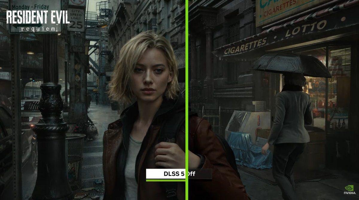 Comparação gráfica mostrando NVIDIA DLSS 5 ativado e desativado