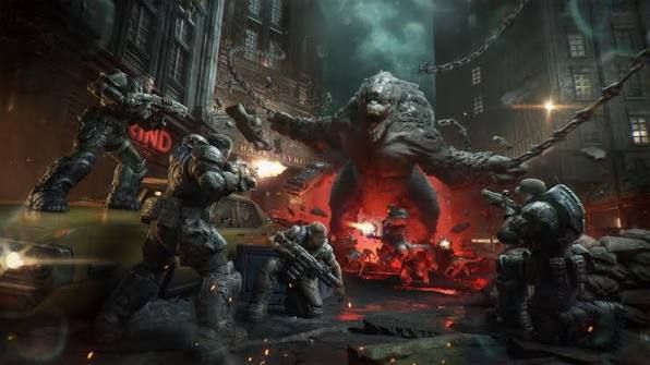 Jogadores defendendo posição no modo Horde Siege de Gears of War: E-Day